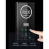 A hand enters numbers on a digital smart lock with AI camera, facial recognition, and virtual cipher password protection.