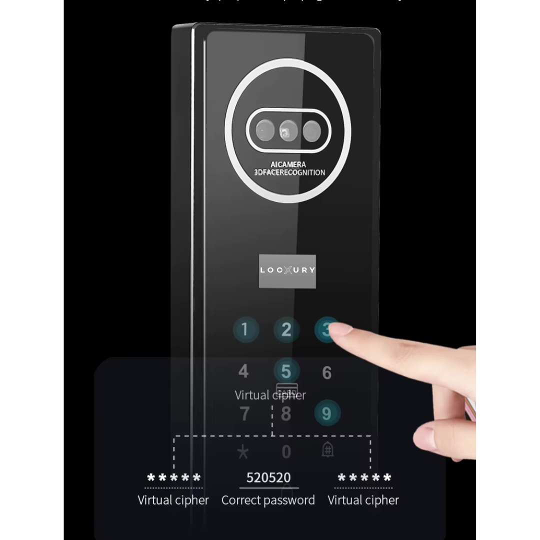 A hand enters numbers on a digital smart lock with AI camera, facial recognition, and virtual cipher password protection.