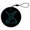 מחזיק מפתחות עגול ושחור עם לוגו X תכלת ומילה "LOCXURY" באנגלית, כולל רצועת תלייה.